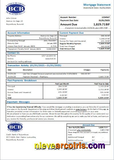 Burundi Credit Bank of Bujumbura bank mortgage statement